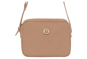 Bolsa Feminina Moleca Transversal Casual Com Design Minimalista E Logo Metalizado Nude