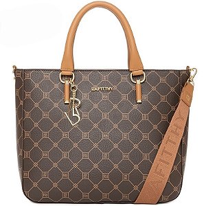 Bolsa Rafitthy Texturizada Com Monograma E Alça Dupla Dark Cacau/ Caramelo