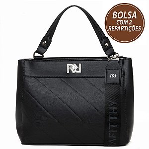 Bolsa De Mão Estruturada Rafitthy Com Estampa Monograma Logotipo Prateado Preto