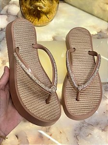 Chinelo Feminino Plataforma Com Tiras Em Strass Rose #1