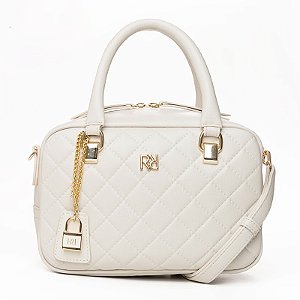 Bolsa De Mão Rafitthy Baú Matelassê Com Pingente Cadeado Dourado Off White