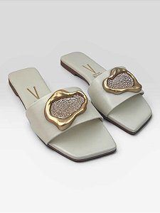 Sandalia Rasteira Feminina Slide Casual Com Aplicação Metalizada Branco Off