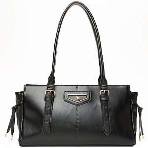 Bolsa Feminina Rafitthy De Ombro Preta Estruturada Com Fivelas E Detalhes Dourados Preto