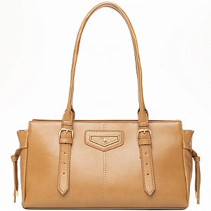 Bolsa Feminina Rafitthy De Ombro Preta Estruturada Com Fivelas E Detalhes Dourados Ligth Tan