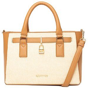 Bolsa Rafitthy De Mão E Transversal Bicolor Com Cadeado E Alça Removível Caramelo/Natural