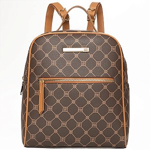 Mochila Feminina Rafitthy Casual Com Estampa Monograma Bolso Frontal E Alças Ajustáveis Dark Cacau/Ambar