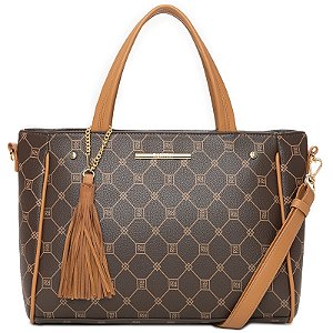 Bolsa Rafittthy Com Estampa Monograma Tassel E Alça Tiracolo Dark Cacau/ Caramelo