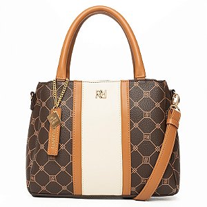 Bolsa Feminina Rafitthy De Mão Com Alças Duplas Costura Decorativa E Pingente Darck Cacau/Ambar