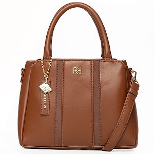 Bolsa Feminina Rafitthy De Mão Com Alças Duplas Costura Decorativa E Pingente Tiramissu/Terra
