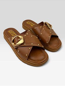 Papete Littz Feminino Tiras Cruzadas Com Fivela  Canela/Ouro Fosco