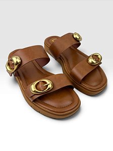 Tamanco Littz Feminino Plataforma Com Fivela Metalizada  Canela/Ouro Fosco