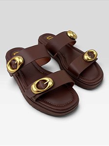Tamanco Littz Feminino Plataforma Com Fivela Metalizada  Terra/Ouro Fosco