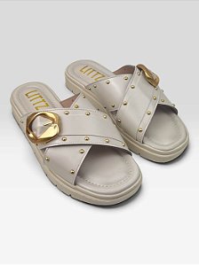 Papete Littz Feminino Tiras Cruzadas Com Fivela  Off White/Ouro
