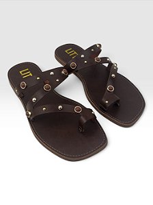 Sandália Feminina Rasteira Com Tiras E Detalhes Metálicos Browny/Caramelo/Ouro