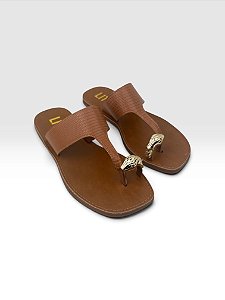 Sandalia Rasteira Littz Com Tira Metalizada E Detalhe Dourado Caramelo/Ouro