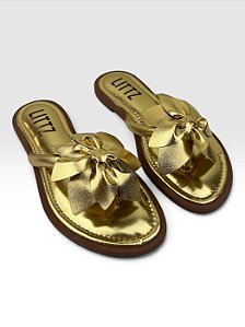 Sandalia Rasteira Littz Feminina Metalizada Com Laço Metallic Soft Ouro