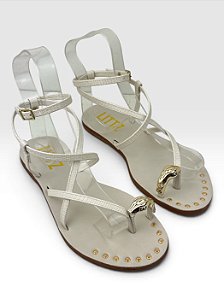 Sandália Rasteira Feminina Com Tiras Finas E Detalhe Metalizado  Off White/Ouro
