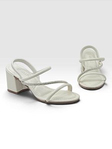 Sandália Via Uno Feminina De Salto Bloco Com Tiras Delicadas  Off White/Prata