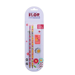 Kit Escolar Flor Yins Paper - Lápis, Borracha e Apontador