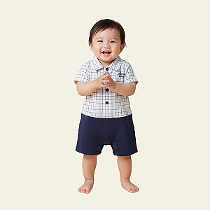 Macacão Infantil Nini & Bambini – Camisa Xadrez Azul com Shorts - Tamanho G - Baby