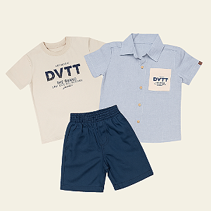 Conjunto Infantil Masculino Diverto DVTT – Camisa + Camiseta + Bermuda - Tamanho 4