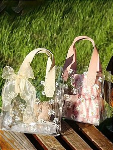 Bolsa Transparente com Flores P cor bege