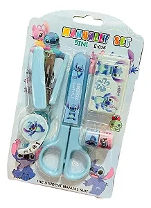 Kit Escolar Stitch Tesoura Fita Adesiva Grampeador com Grampos Desenho Animado Material Escolar