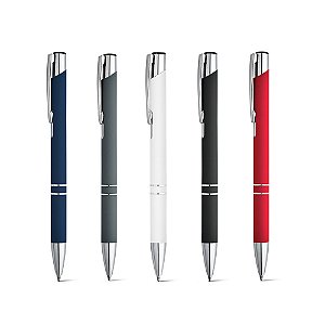 Esferográfica de Alumínio com Acabamento Emborrachado - Escrita em Preto. Mínimo 50 unidades.