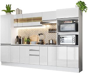 Cozinha Completa 100% Mdf Madesa Smart 300 cm Com Armário, Balcão e Tampo - Frentes Branco Brilho