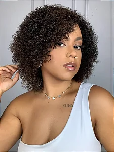 Peruca Wig Humana Yolanda Cacheada Castanho com Luzes