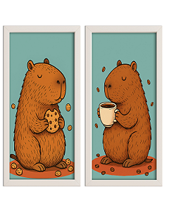Quadros Duplo Vertical Capivara Café E Cookies Decorativo
