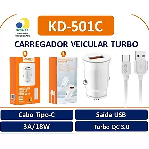 Carregador Veicular Turbo QC 3.0 Kaidi - KD-501C