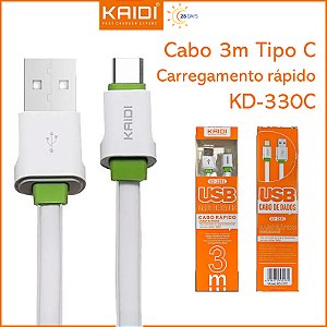 Cabo Kaidi KD-330C Tipo-C para USB 3m - Carregamento Rápido