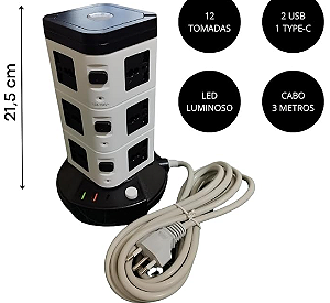 Filtro de Linha Torre de Tomadas 12 Tomadas com 2 USB e 1 Tipo C - BM-8700