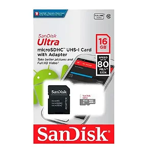 CARTAO DE MEMORIA 16GB SANDISK ULTRA 80 MB MICRO C/ADAPTADOR SDSQUNS-016G-GN3MA