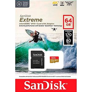CARTAO MEM MICROSD EXTREME 64GB SANDISK 100MBS 4K P/ Câmeras de Ações / Drones & Smartphones