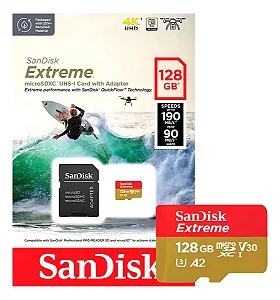 CARTAO MEM MICROSD EXTREME 128GB SANDISK 100MBS 4K P/ Câmeras de Ações / Drones & Smartphones