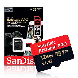 CARTAO MEM MICROSD EXTREME PRO 128GB SANDISK 200MBS 4K P/ Câmeras de Ações / Drones & Smartphones