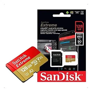 CARTAO MEM MICROSD EXTREME 128GB SANDISK 100MBS 4K P/ Câmeras de Ações / Drones & Smartphones