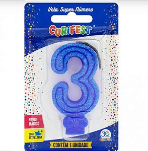 VELA SUPER NUMERO SIMPLES AZUL Nº 3 CURIFEST