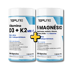 KIT COM: Vitamina D3 + K2 MK-7 + 5 Magnésios - 120 + 120 Caps