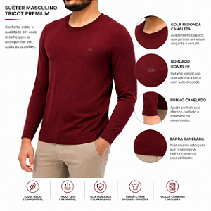 Suéter de Tricot Slim Ogochi Masculino Bordô Vinho