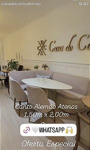 Conjunto Banco Atenas amadeirado tecido boucle plus malva e base carvalho treviso medida de 1.50x2.00 com mesa tampo em resina e base cristal medida de 1.40x0.90 tampo areia e base dourado