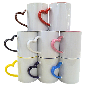 Caneca Porcelana Branca Alça Coração e Interior Colorida