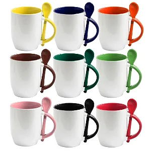Caneca de Cerâmica com colher Alça e Interior Colorido