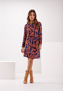 Vestido Manga Longa Estampa Terracota com Azul Elegante