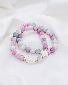 Pulseira Dupla de Pedra Natural Jade Rosa