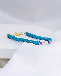 Pulseira Turquesa com Detalhes Pink e Pérola