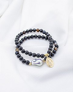 Pulseira Dupla Onix Mesclada com Pérola