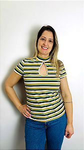 BLUSA LISTRADA VERDE, DOURADA E BRANCA M/G